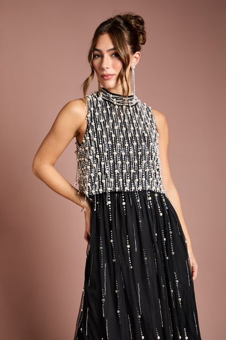 Pearl Beaded Overlay Georgette Maxi Dress - Image 2