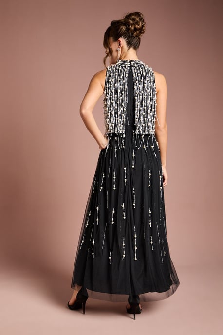 Pearl Beaded Overlay Georgette Maxi Dress - Image 3