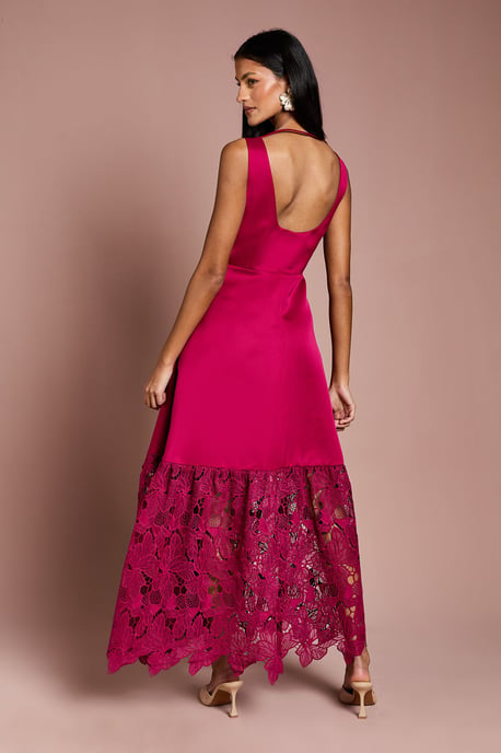 Petite Lace Hem Structured Satin Maxi Dress - Image 3