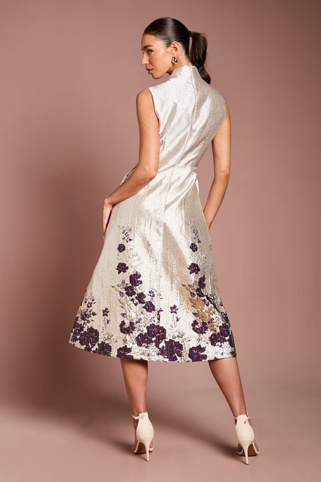 Notch Neck Floral Border Print Jacquard Midi Dress - Image 3