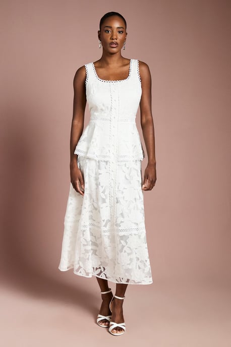 Peplum Hem Button Down Lace Midi Dress - Image 1