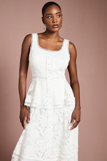 Peplum Hem Button Down Lace Midi Dress - Image 2