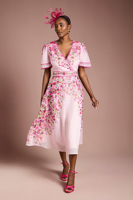 Placement Print Trailing Floral Organza Wrap Midi Dress - Image 1