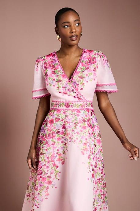 Placement Print Trailing Floral Organza Wrap Midi Dress - Image 2