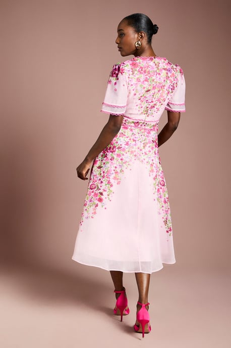 Placement Print Trailing Floral Organza Wrap Midi Dress - Image 3