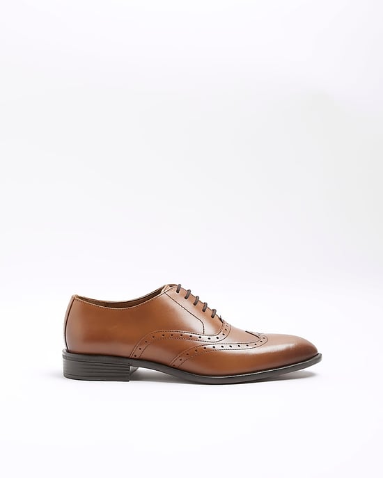 River Island Mens Oxford Brogues Shoes Brown Leather - Image 1