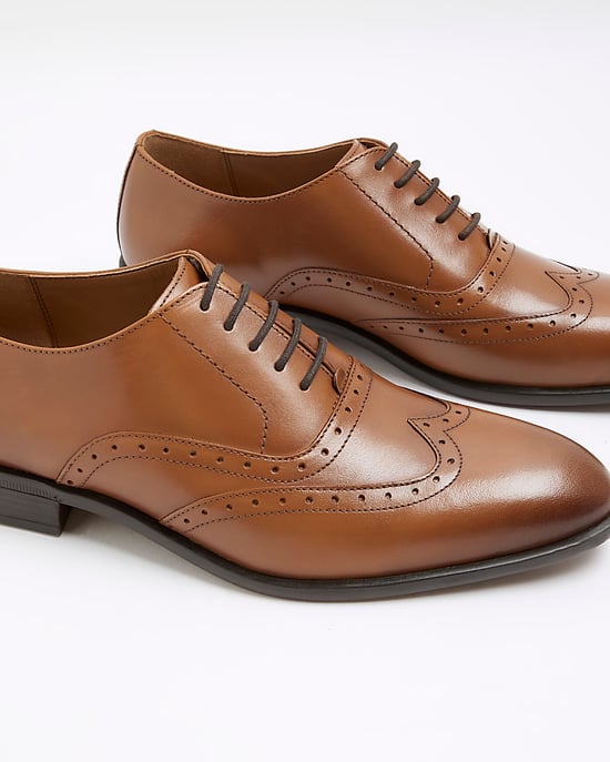 River Island Mens Oxford Brogues Shoes Brown Leather - Image 3
