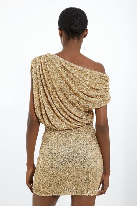 Draped One Shoulder Jersey Stretch Sequin Mini Dress - Image 5