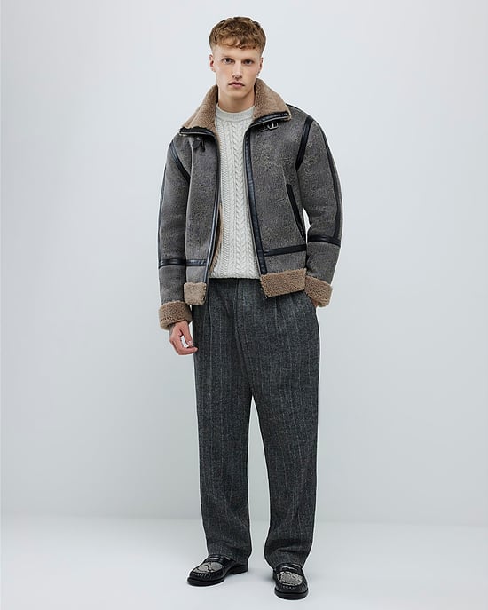 River Island Mens Jacket Black Washed Faux Shearling - Image 3