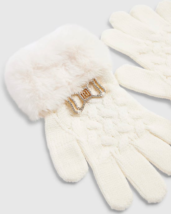 River Island Girls Winter Set Cream 3 Piece Beanie Hat Scarf Gloves - Image 3