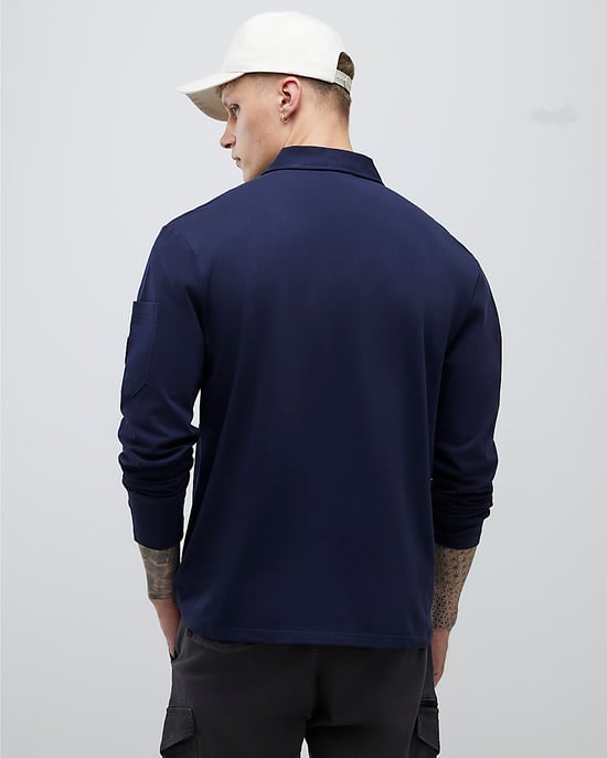River Island Mens Polo Shirt Navy Slim Fit Sleeve Pocket - Image 3