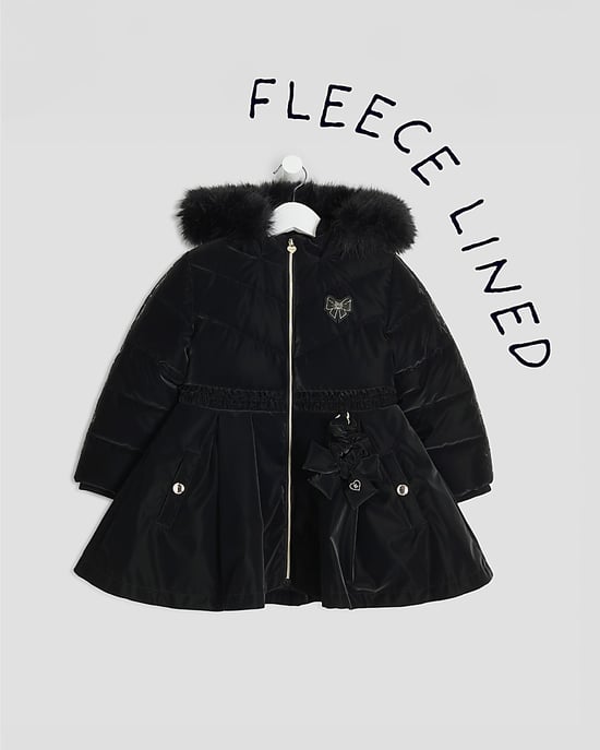 River Island Mini Girls Padded Coat Black Hooded Peplum - Image 5