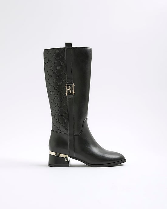 River Island Girls Knee High Boots Black Embossed - Image 2