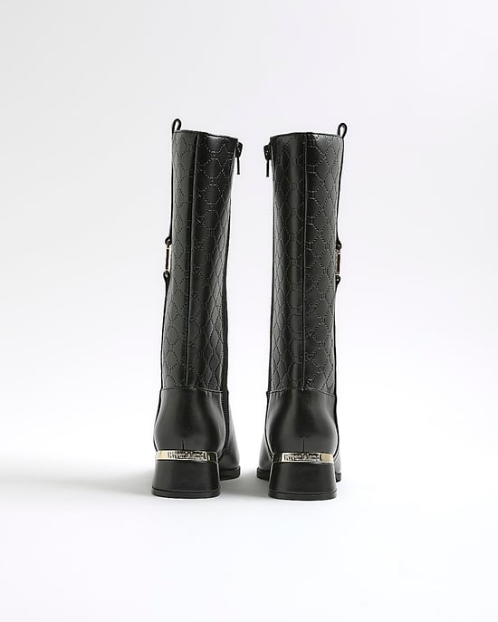 River Island Girls Knee High Boots Black Embossed - Image 3