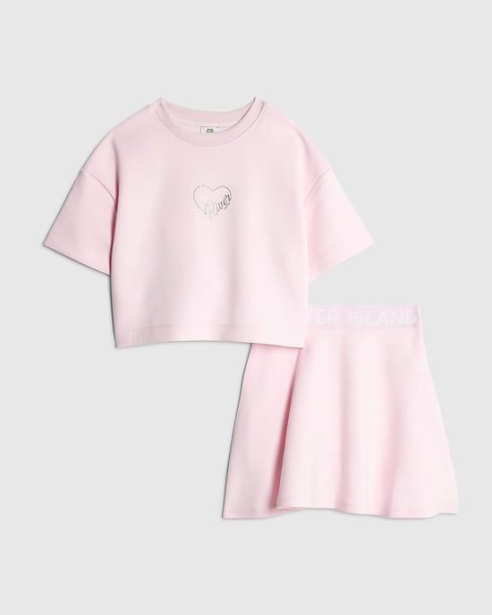 River Island Girls T-Shirt & Skirt Set Pink Premium - Image 1