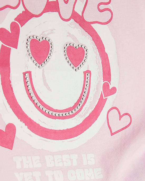 River Island Girls T-Shirt & Trousers Set Cream Love Smiley Face - Image 3