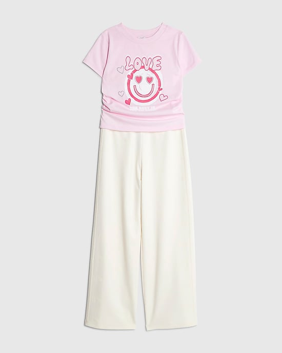 River Island Girls T-Shirt & Trousers Set Cream Love Smiley Face - Image 5