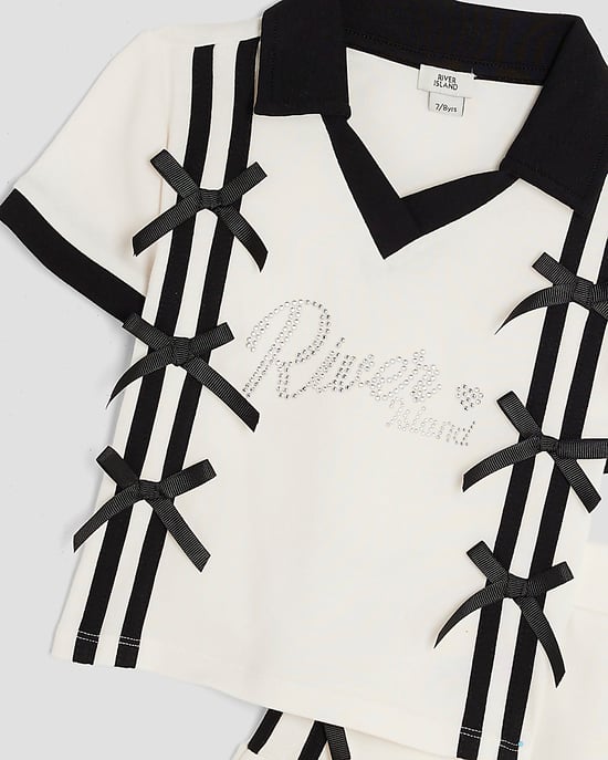 River Island Girls Polo Shirt & Skirt Bow Set Cream - Image 3