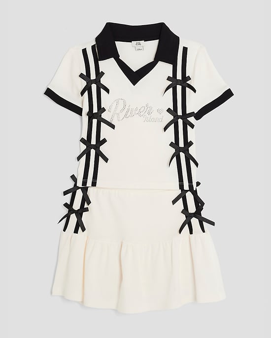 River Island Girls Polo Shirt & Skirt Bow Set Cream - Image 5