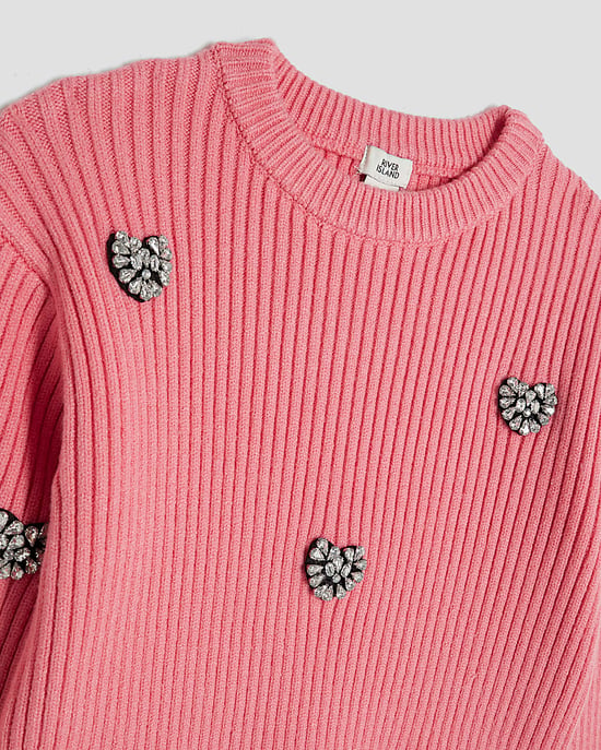 River Island Girls Jumper Pink Embellished Heart - Image 3