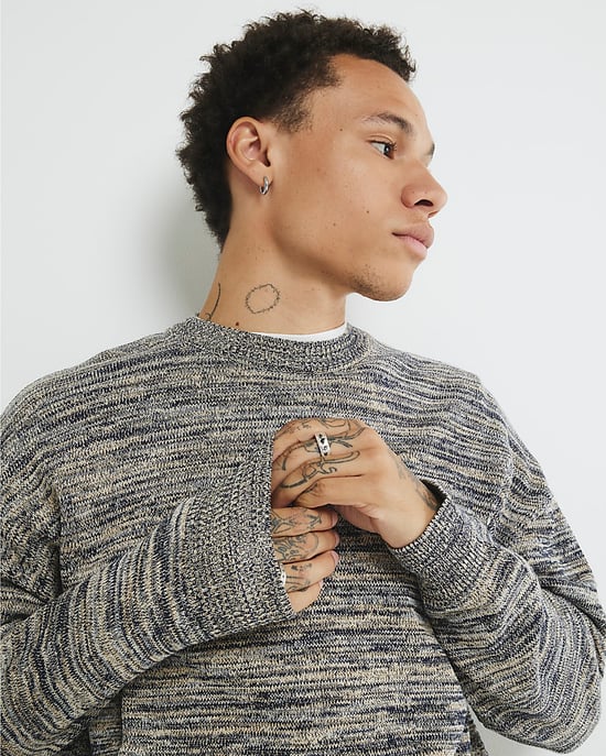 River Island Mens Jumper Navy Long Sleeve Stripe - Image 3