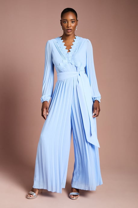 Lace Trim Pleated Leg Jumpsuit With Tie Waist - Image 1