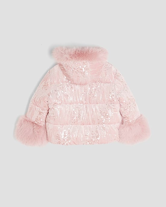 River Island Girls Puffer Coat Pink Sequin - Image 2
