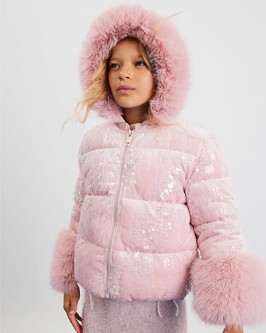 River Island Girls Puffer Coat Pink Sequin - Image 5