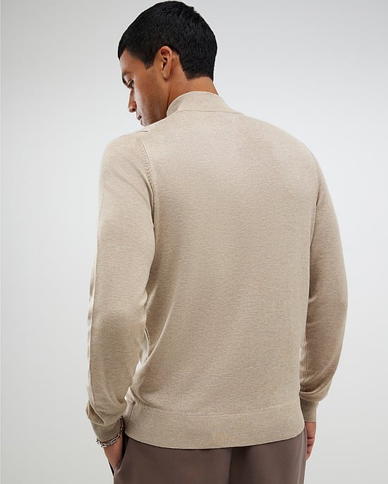 River Island Mens Jumper Beige Slim Fit Striped Half Zip - Image 3