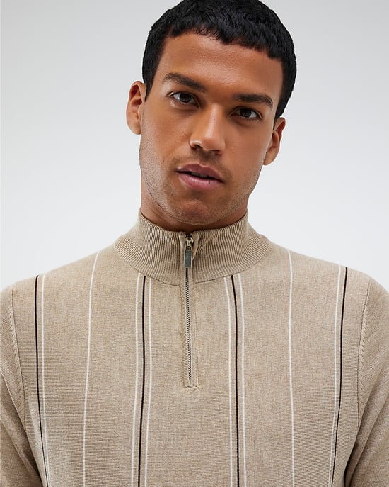 River Island Mens Jumper Beige Slim Fit Striped Half Zip - Image 4