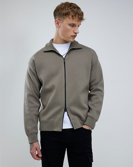 River Island Mens Jumper Khaki Slim Fit Zip Through - Image 1
