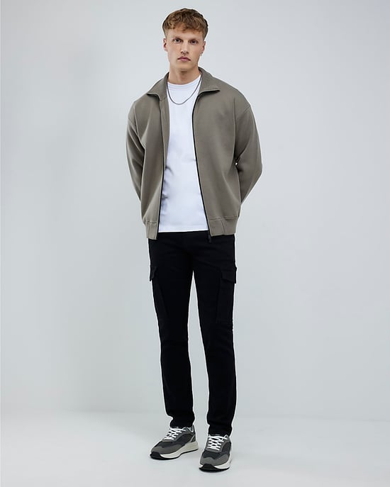River Island Mens Jumper Khaki Slim Fit Zip Through - Image 2