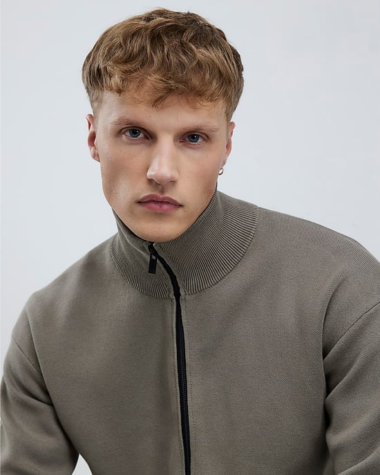 River Island Mens Jumper Khaki Slim Fit Zip Through - Image 4