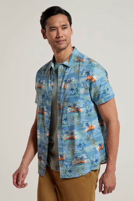 Tropical Printed Men's Short Sleeve Shirt 100% Cotton Chest Pocket Holiday Top Medium Blue - Image 1
