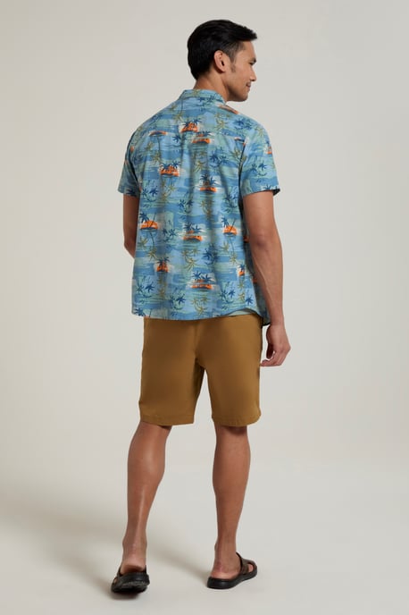 Tropical Printed Men's Short Sleeve Shirt 100% Cotton Chest Pocket Holiday Top Medium Blue - Image 3