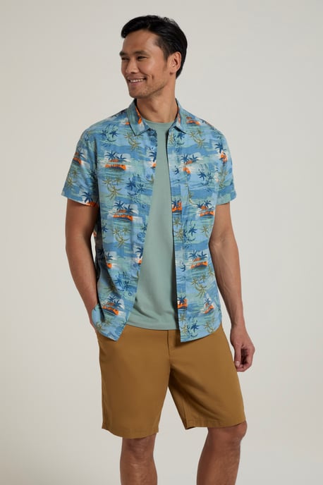Tropical Printed Men's Short Sleeve Shirt 100% Cotton Chest Pocket Holiday Top Medium Blue - Image 4