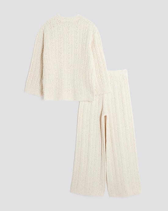 River Island Girls Jumper & Trousers Set Cream Cable Knitted Bow Wide Leg - Image 2