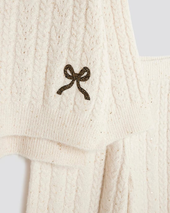River Island Girls Jumper & Trousers Set Cream Cable Knitted Bow Wide Leg - Image 3