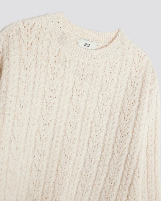 River Island Girls Jumper & Trousers Set Cream Cable Knitted Bow Wide Leg - Image 4