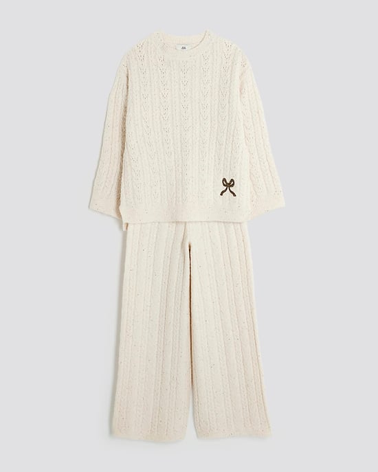 River Island Girls Jumper & Trousers Set Cream Cable Knitted Bow Wide Leg - Image 5