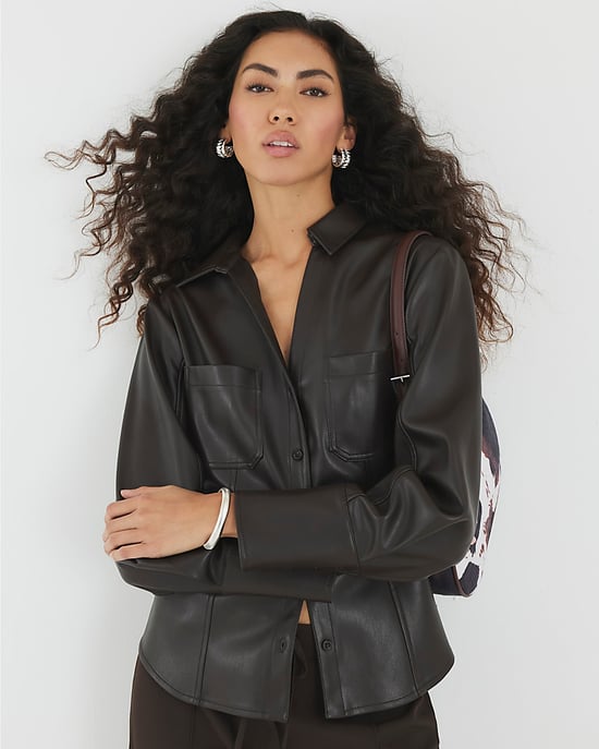 River Island Womens Shirt Brown Faux Leather Fitted - Image 1