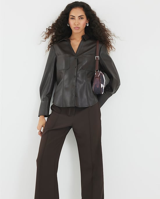 River Island Womens Shirt Brown Faux Leather Fitted - Image 4