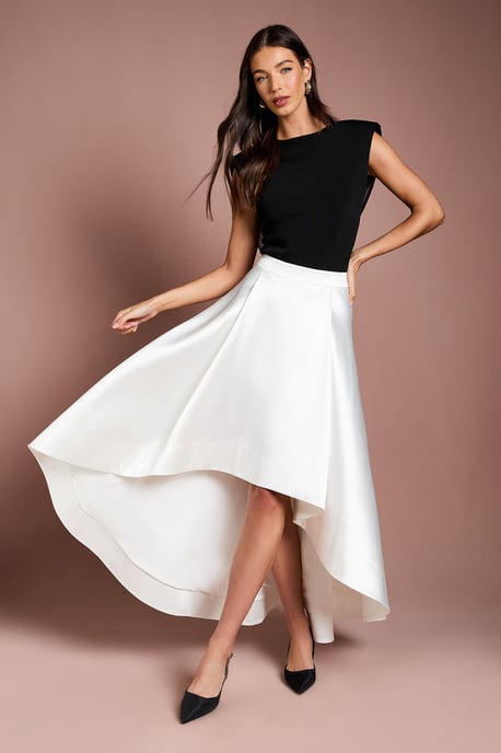 High Low Ivory Structured Twill Midi Skirt - Image 1