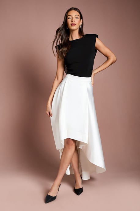 High Low Ivory Structured Twill Midi Skirt - Image 3