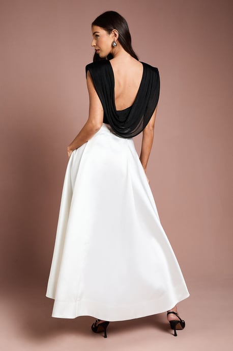 High Low Ivory Structured Twill Midi Skirt - Image 4