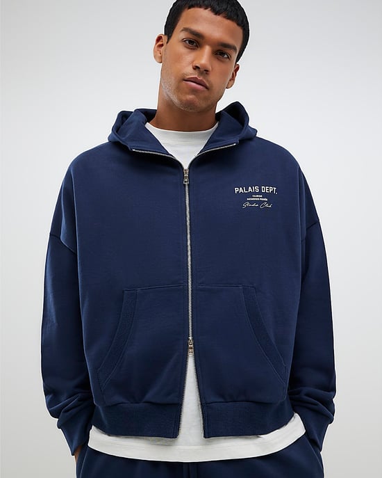 River Island Mens Hoodie Navy Oversized Fit Palais Zip Through - Image 1