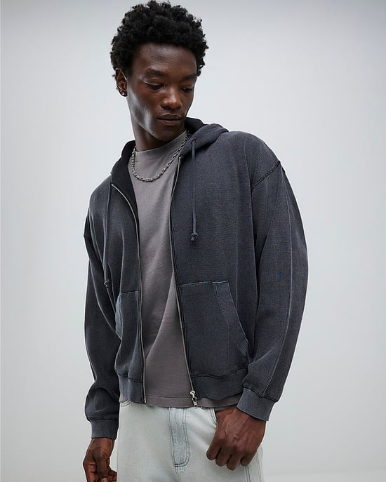 River Island Mens Hoodie Black Washed Zip Through - Image 1