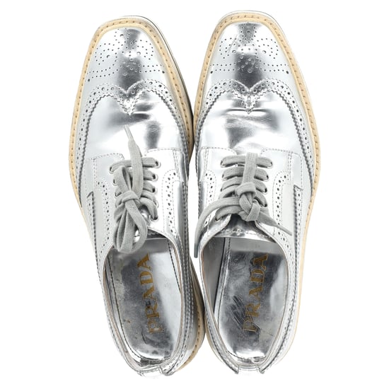 Prada Wingtip Oxford Platform Sneakers in Metallic Silver Leather - Image 3
