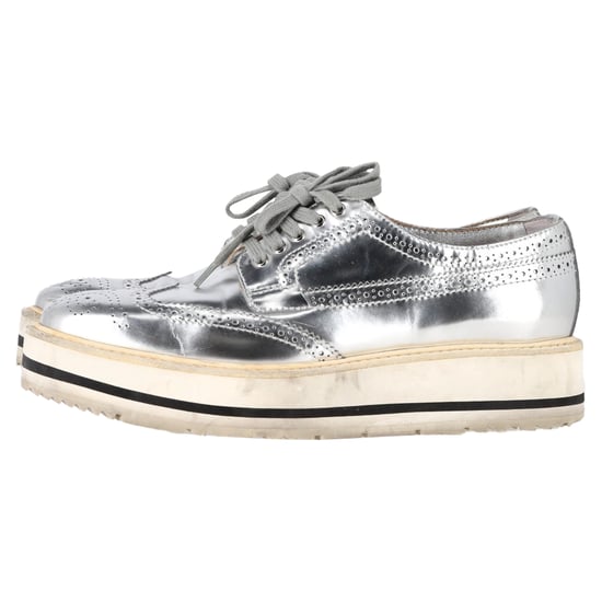Prada Wingtip Oxford Platform Sneakers in Metallic Silver Leather - Image 4