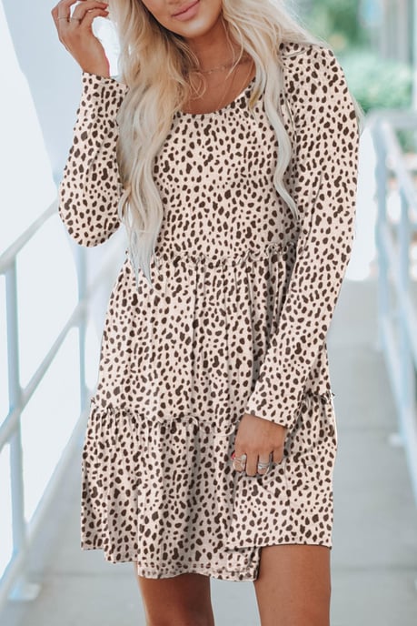 Leopard Animal Print Tiered Long Sleeve Dress - Image 1